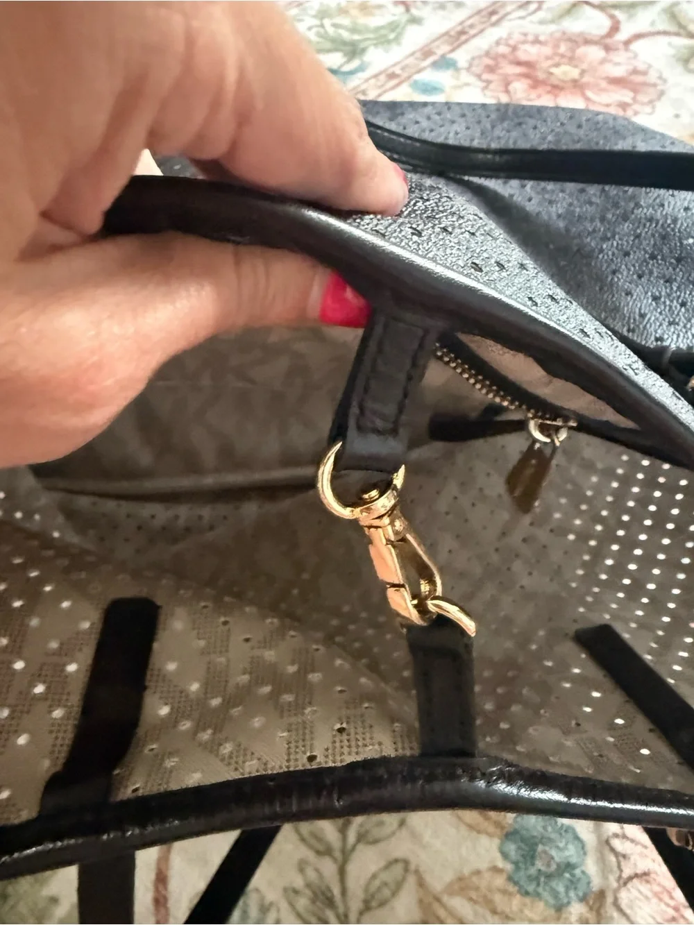 Michael Kors Black Perforated Tote with Gold Logo Charm